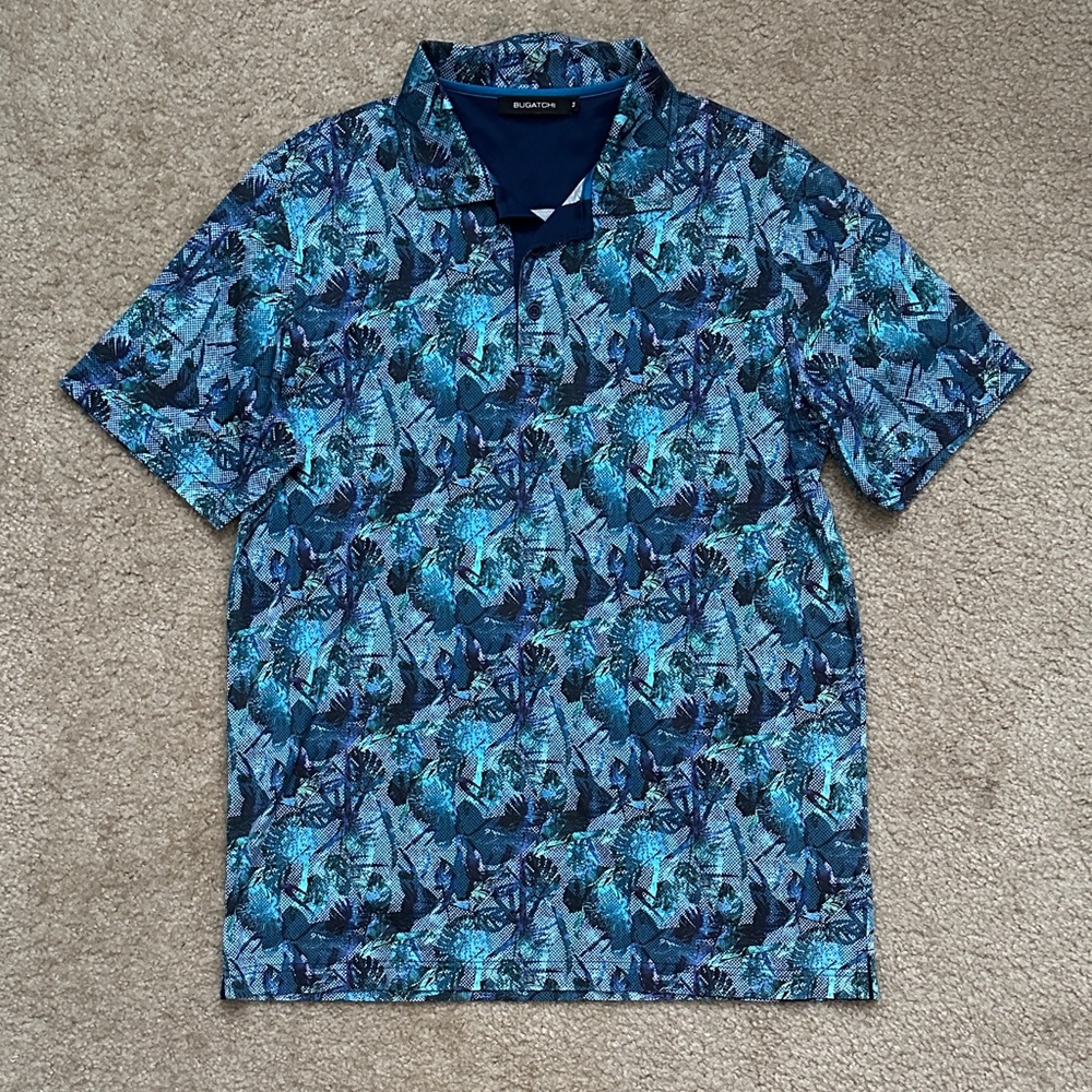 Bugatchi Men's Blue and Black Patterned Polo Shirt